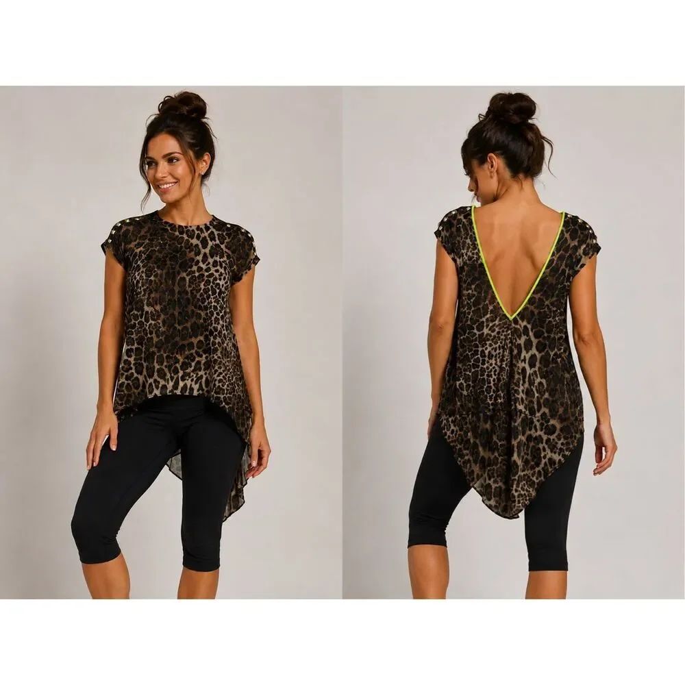 Caught Leopard Print Hi Low Sheer Tunic Top Neon Trim Studded Shoulders M